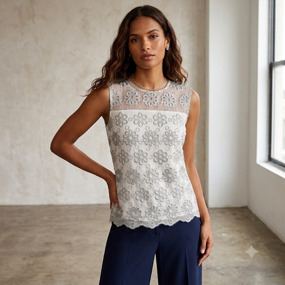 Banana Republic Metallic Silver Embroidered Mesh Shell Top Sleeveless Silver 2